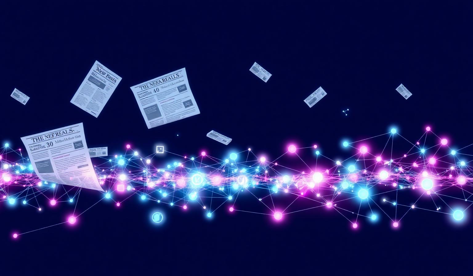 Abstract illustration of digital PR authority signals connecting newspaper coverage, citation networks, and AI answer engines