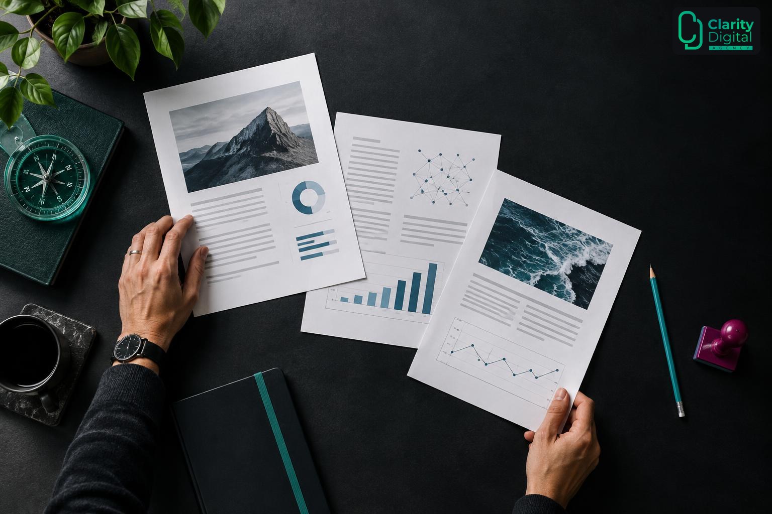 A human hand arranging research pages and editorial tools on a strategy desk, illustrating human judgment guiding AI content
