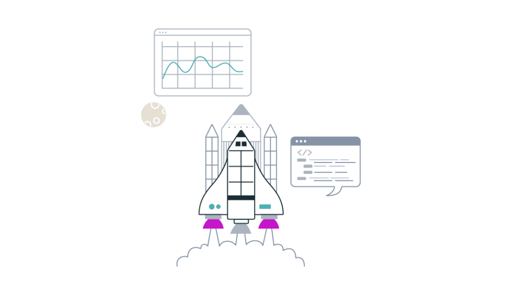 Digital illustration of a white rocket ship taking off against a gray background, with pink flames. A stylized graph with a teal line is in the upper left, a small moon is to the left, and a speech bubble with code is in the upper right.