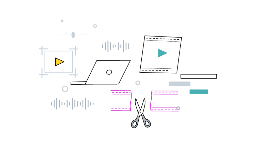 Digital illustration of video editing tools against a gray background. Features a white laptop, play buttons in a crop frame and a video file, sound wave representations, a timeline with cut lines, and a pair of scissors.