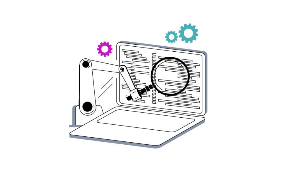 Digital illustration of a white robotic arm with a magnifying glass examining code on a laptop screen, with two gear icons in the background against a gray background.