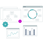 Stylized digital illustration depicting data analytics with flowcharts, graphs, and charts on multiple computer screens, accompanied by gears representing automation.