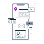 Graphic of a smartphone screen displaying various digital PR elements, including location markers, email, messages, news, and analytics.