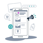 Mobile app interface showing e-commerce features with shopping cart icon, notification badge, location pin, and rating stars. A megaphone icon suggests marketing or promotion elements surrounding a smartphone screen.
