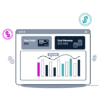 Digital dashboard displaying financial analytics with total orders (200) and total revenue ($20,000). A bar graph shows revenue fluctuations with multicolored bars, surrounded by dollar sign icons.