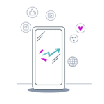 Smartphone with a rising teal and magenta graph line on screen, surrounded by social media and digital interaction icons including thumbs up, video play, Instagram, heart, globe, and measurement symbols.