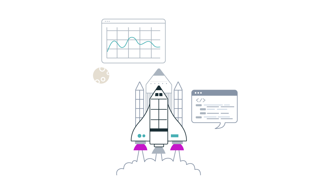 Digital illustration of a white rocket ship taking off against a gray background, with pink flames. A stylized graph with a teal line is in the upper left, a small moon is to the left, and a speech bubble with code is in the upper right.