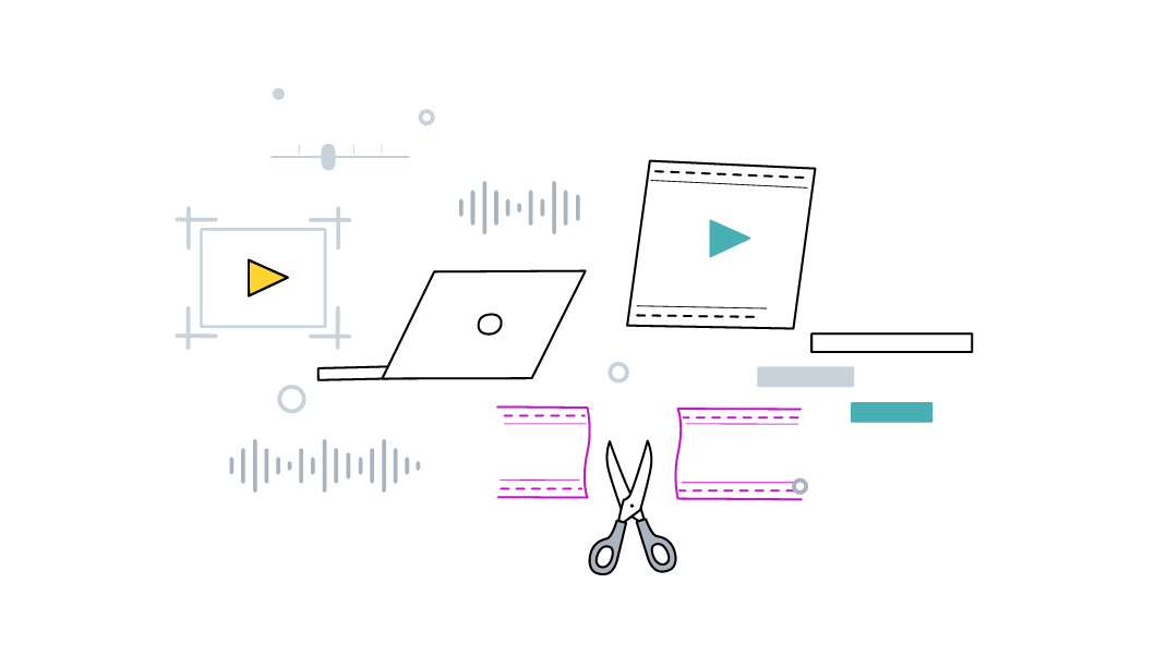 Digital illustration of video editing tools against a gray background. Features a white laptop, play buttons in a crop frame and a video file, sound wave representations, a timeline with cut lines, and a pair of scissors.