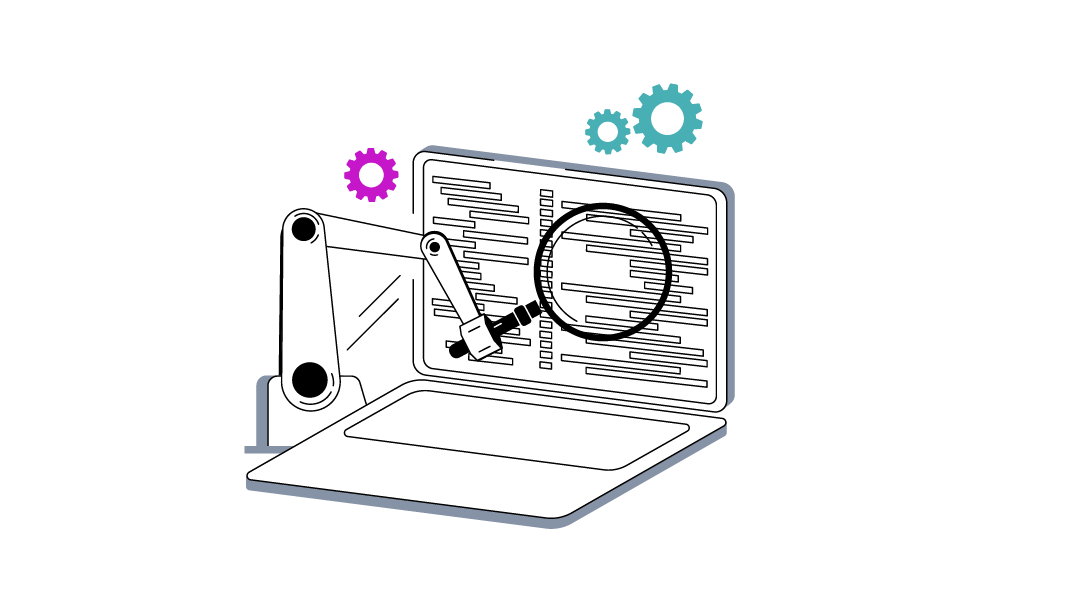 Digital illustration of a white robotic arm with a magnifying glass examining code on a laptop screen, with two gear icons in the background against a gray background.