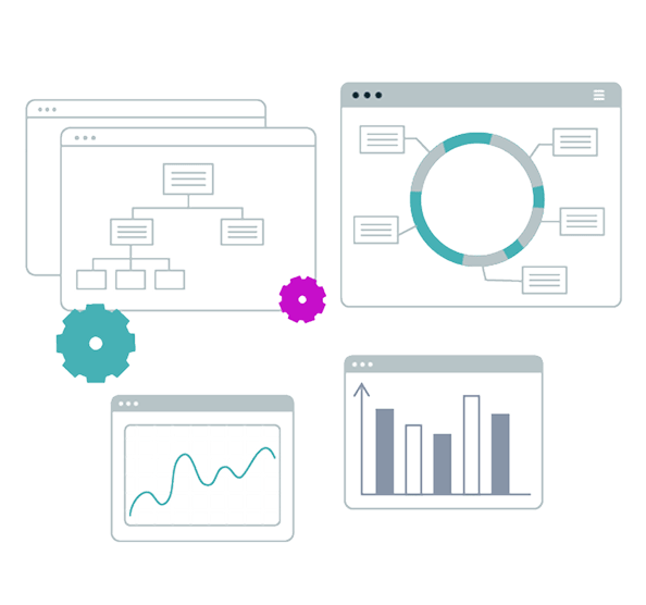 Stylized digital illustration depicting data analytics with flowcharts, graphs, and charts on multiple computer screens, accompanied by gears representing automation.