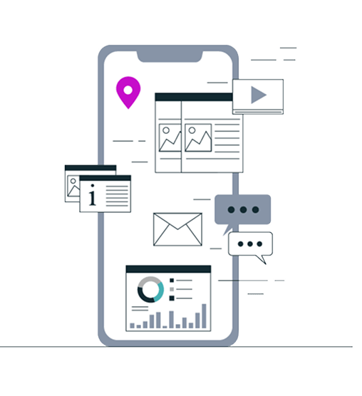 Graphic of a smartphone screen displaying various digital PR elements, including location markers, email, messages, news, and analytics.