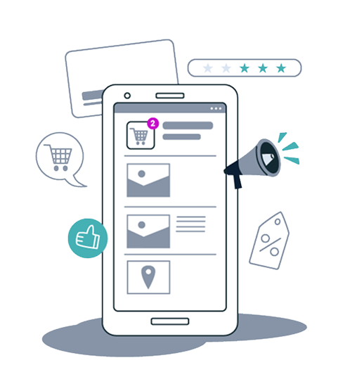 Mobile app interface showing e-commerce features with shopping cart icon, notification badge, location pin, and rating stars. A megaphone icon suggests marketing or promotion elements surrounding a smartphone screen.