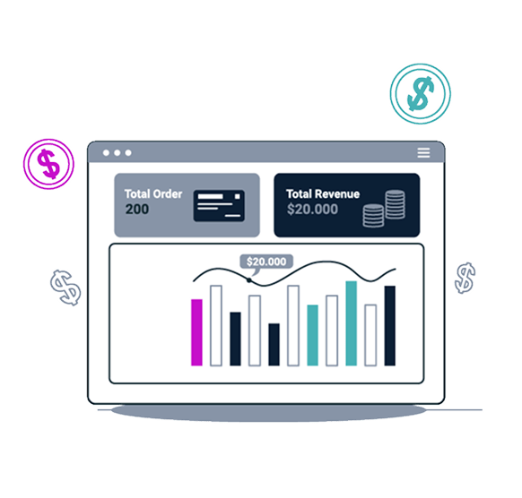 Digital dashboard displaying financial analytics with total orders (200) and total revenue ($20,000). A bar graph shows revenue fluctuations with multicolored bars, surrounded by dollar sign icons.