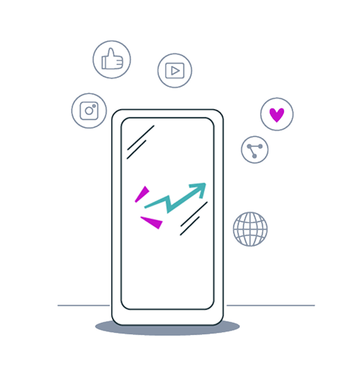 Smartphone with a rising teal and magenta graph line on screen, surrounded by social media and digital interaction icons including thumbs up, video play, Instagram, heart, globe, and measurement symbols.